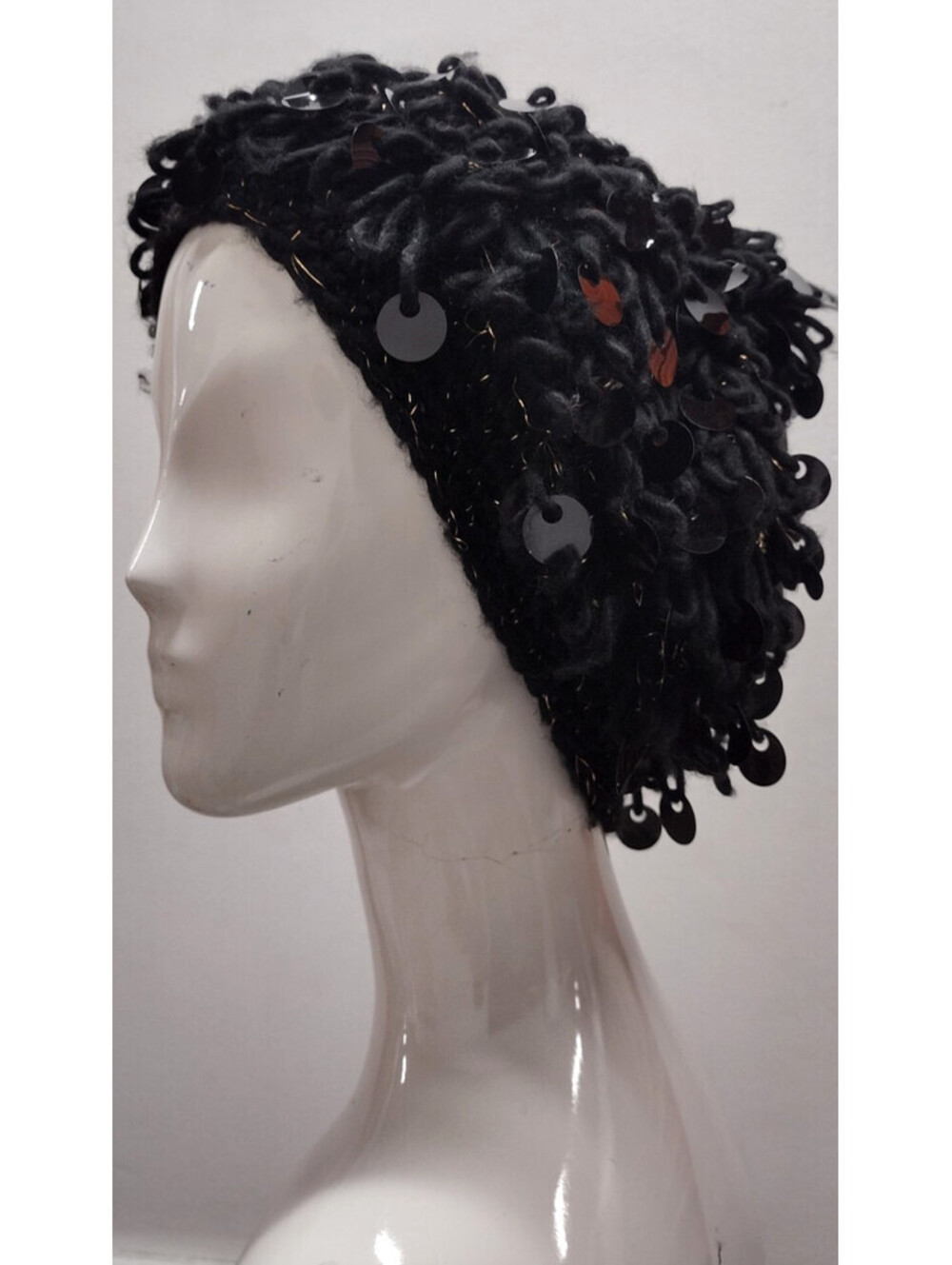 Vintage 1960s Big Sequin Black Knit Granny Slouch Big Hat Hand Crocheted JAPAN